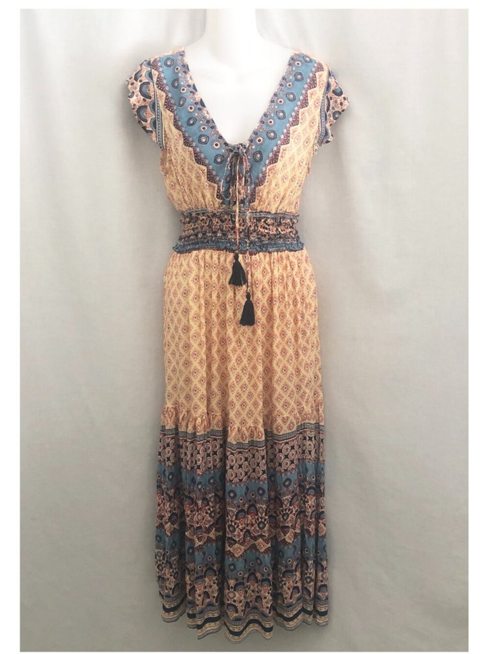 Angie Boho India Print Tassel Tie Maxi Dress Size Small NWT - Picture 3 of 12
